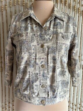 Vintage Boho Grunge Paisely Print  Button Down 3/4 Sleeve Denim Summer Jacket Sm